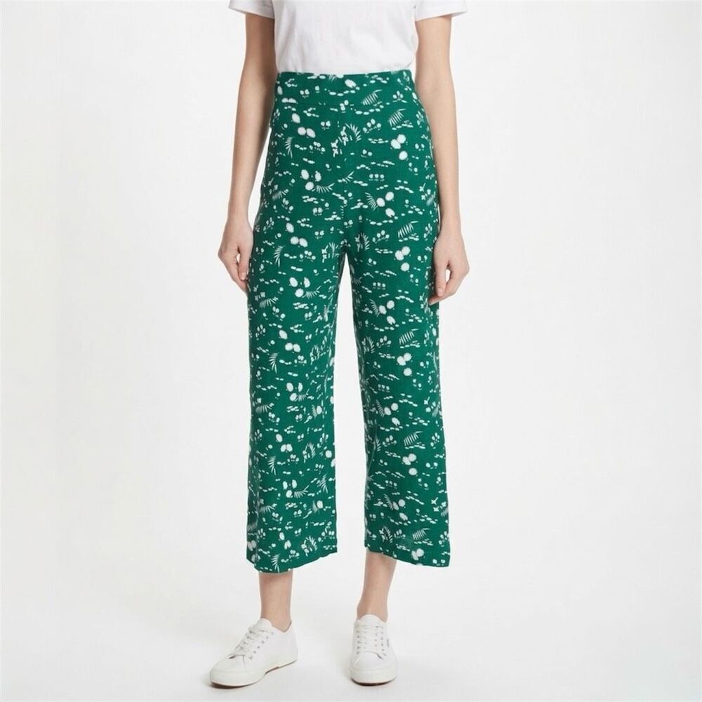 Maje Green White Floral Wide Leg Cropped Pants High Waist Large Boho Revolve